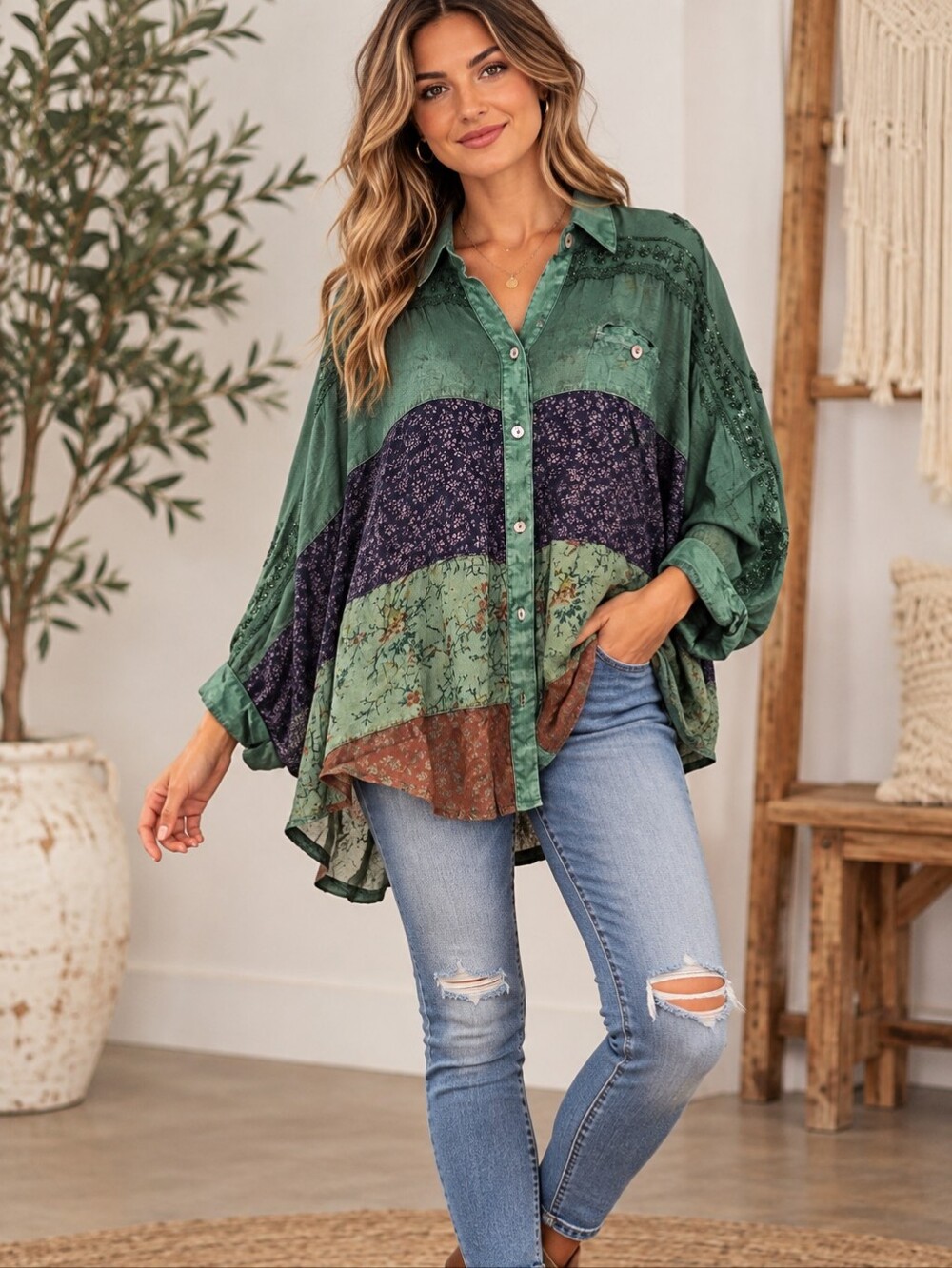 605. Boho Oversized Patchwork Green Button-Front Tunic Top